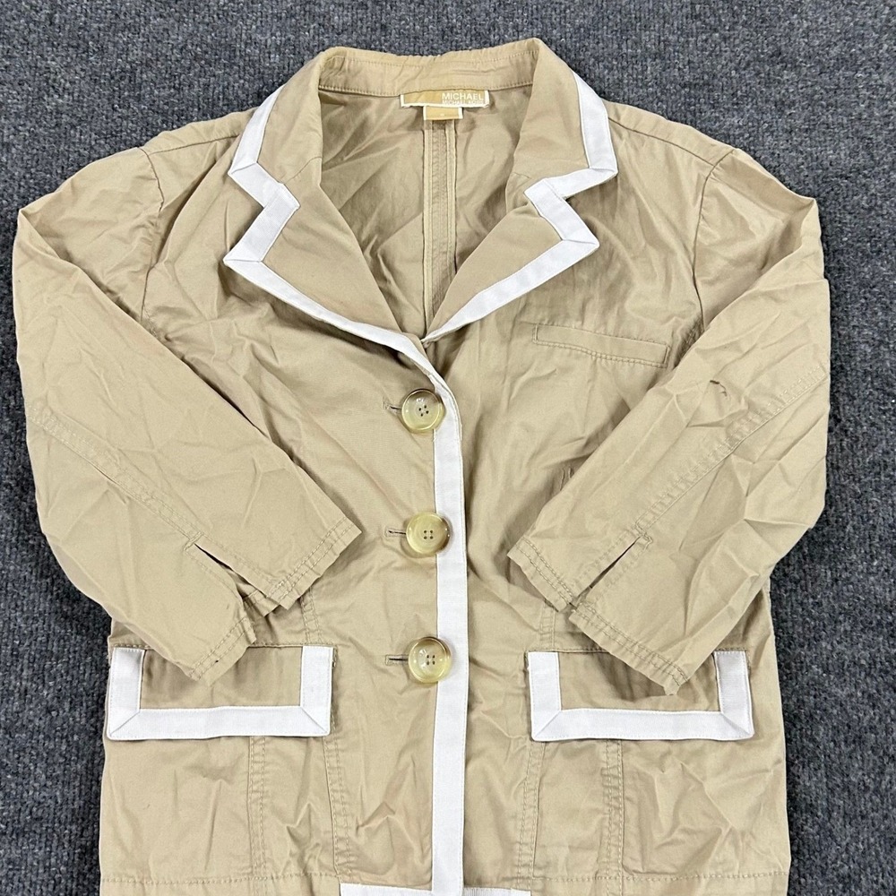 Michael Michael Kors Blazer Womens Size 10 Tan Khaki Cotton Trim 3/4 Sleeve Slim